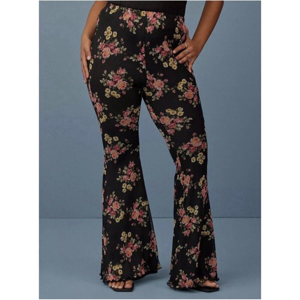 New Torrid Festi Flare Mesh Floral Pants Size 3X 22-24 Stretch High Rise Pull On